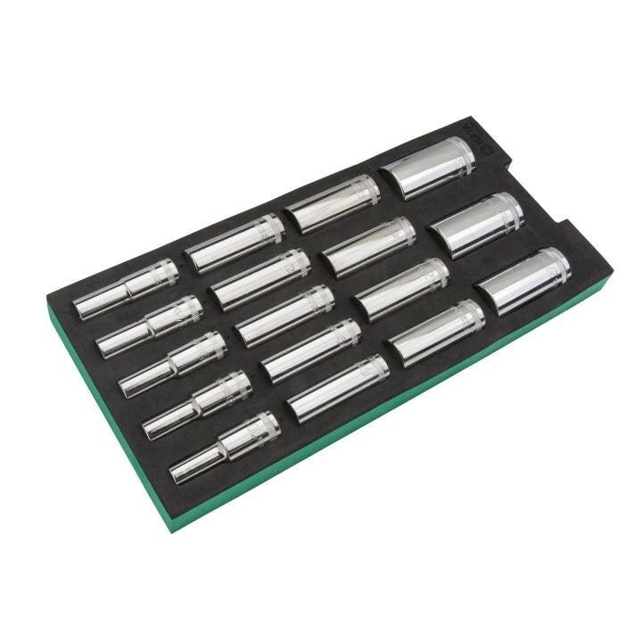 Plaukts. 1/2" 17-daļu uzgriežņu atslēgu komplekts ar 6-stūra galviņām