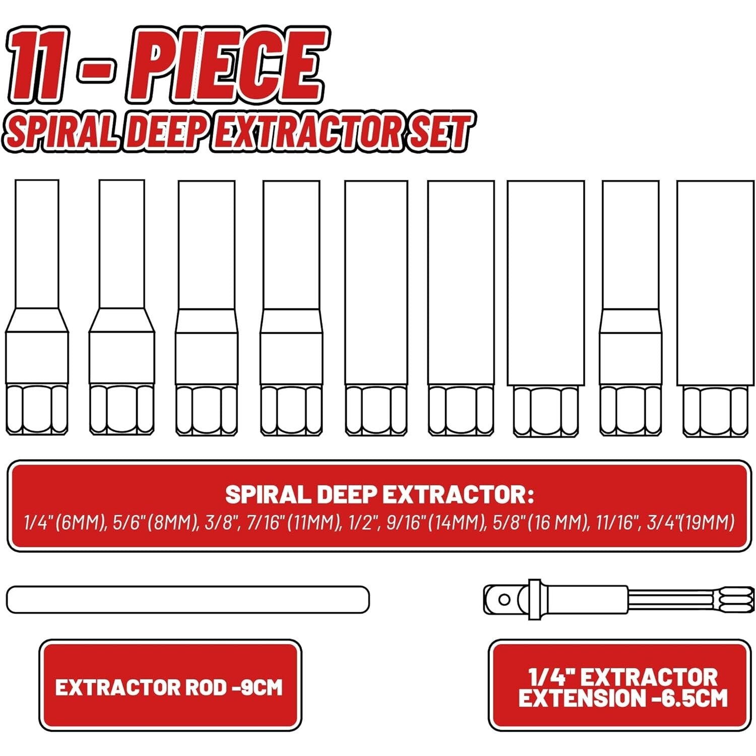 Skrūvju izvilkšanas uzgaļu komplekts 11 gab. (6-19 mm) 3/8'' Dr.