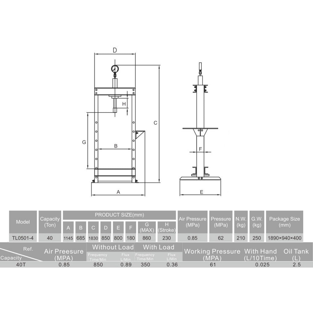 Pneimatiskā/hidrauliskā darbnīcas prese ar kalibru 40t