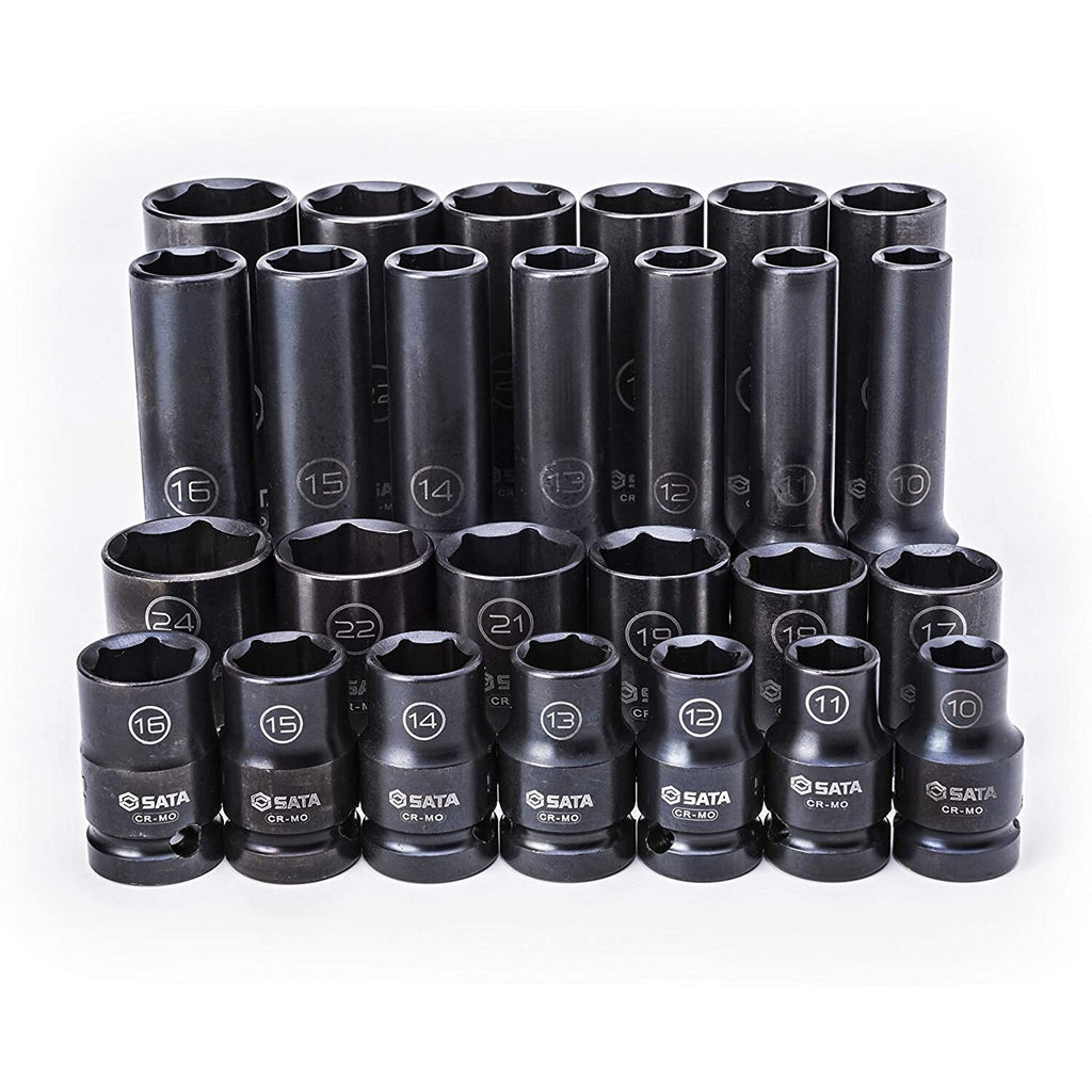 1/2" Dr. plānsienu standarta un dziļo triecienuzmavu komplekts (10-24 mm) (26 gab.)