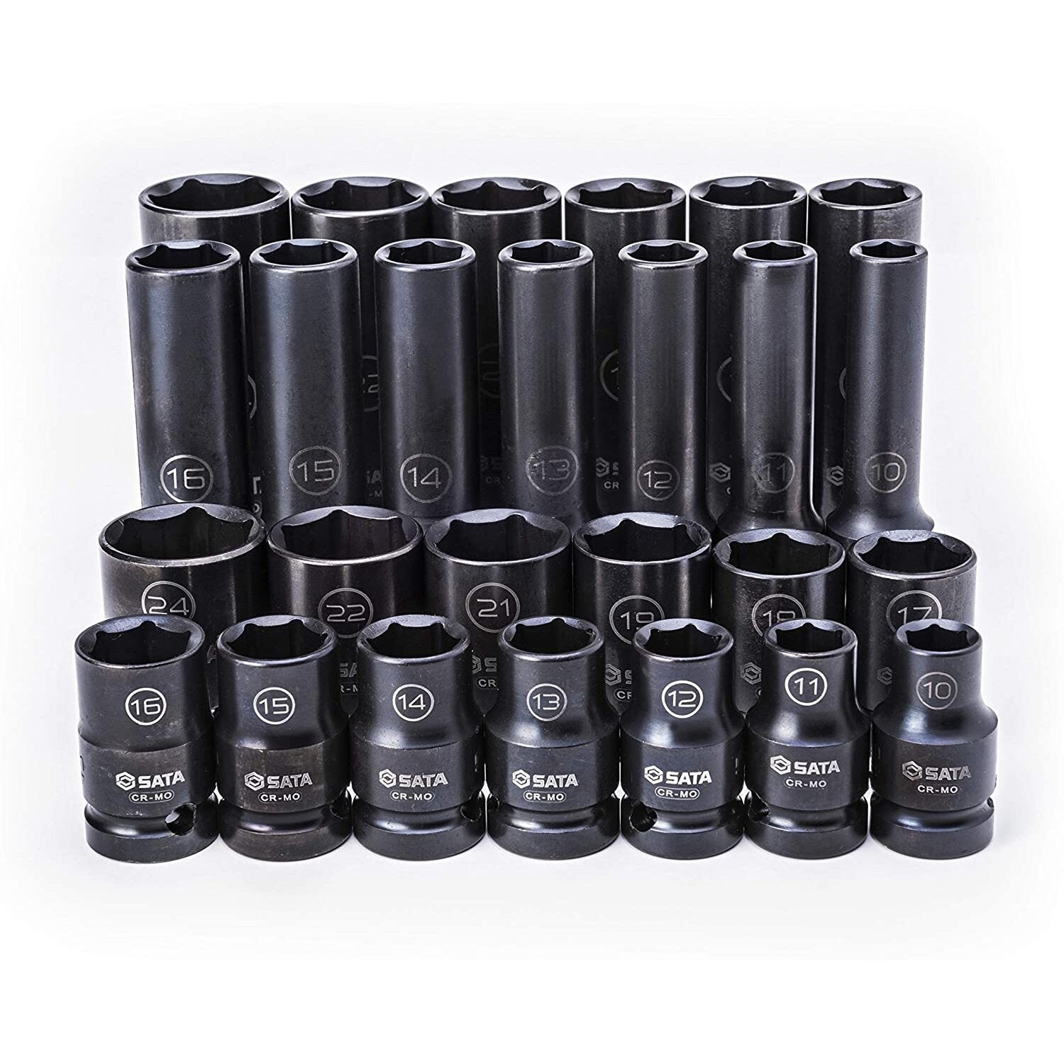 1/2" Dr. plānsienu standarta un dziļo triecienuzmavu komplekts (10-24 mm) (26 gab.)