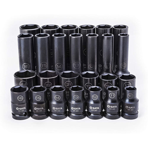 1/2" Dr. plānsienu standarta un dziļo triecienuzmavu komplekts (10-24 mm) (26 gab.)