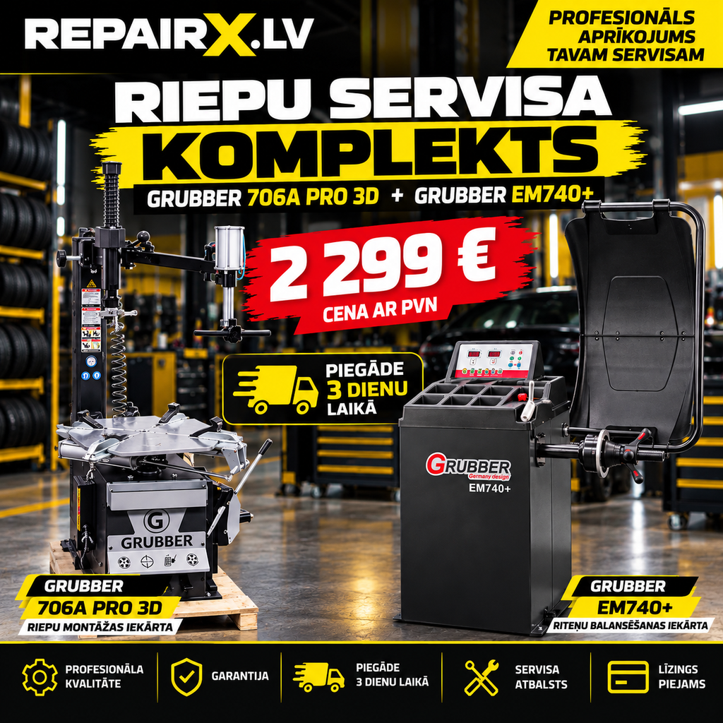 GRUBBER 706A PRO 3D — riepu montāžas iekārta,GRUBBER EM740+ — riteņu balansēšanas iekārta komplekts