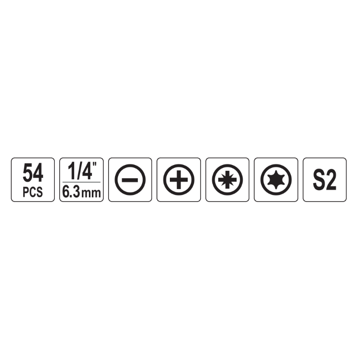 1/4" triecienskrūvgriežu uzgaļu komplekts, 54 gab. (FLAT, PZ, PH, TORX)