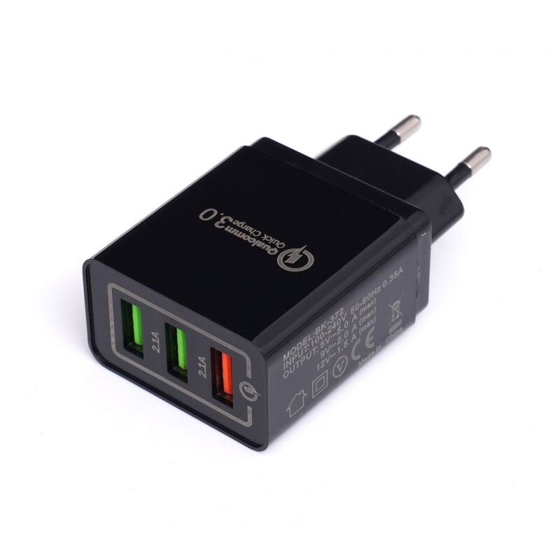 USB lādētājs ar ātrās uzlādes portu 220V, 2xUSB/2.1A +1USB/QC3.0