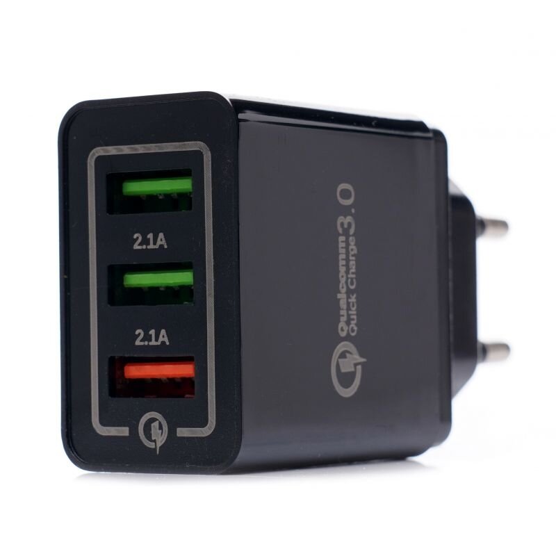 USB lādētājs ar ātrās uzlādes portu 220V, 2xUSB/2.1A +1USB/QC3.0