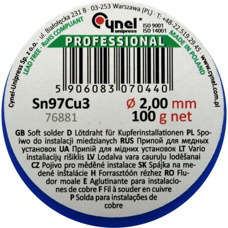 Mīkstlodēšanas stieple varam 2,0 mm (Sn97Cu3)